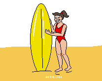 Surfer Girl On Beach With Surfboard: ARG! Summer Cartoon