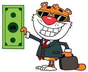Money Clipart Image - A Beaming Tiger Holding a Large Dollar Bill.