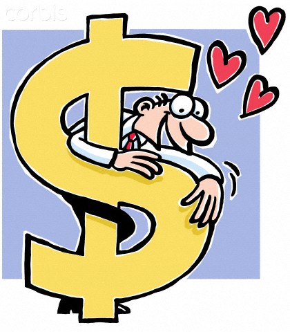 A cartoon drawing of a man hugging an over sized dollar symbol ...