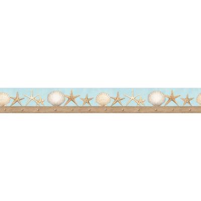 The Wallpaper Company 4.75 in. x 15 ft. Blue and Tan Seashell ...