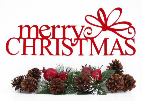 Merry Christmas Metal Sign with Bow Red by RefinedInspirations
