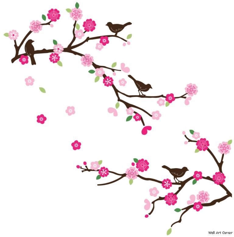 Pink Cherry Blossoms Branches and Brown Birds Wall Sticker Decal ...