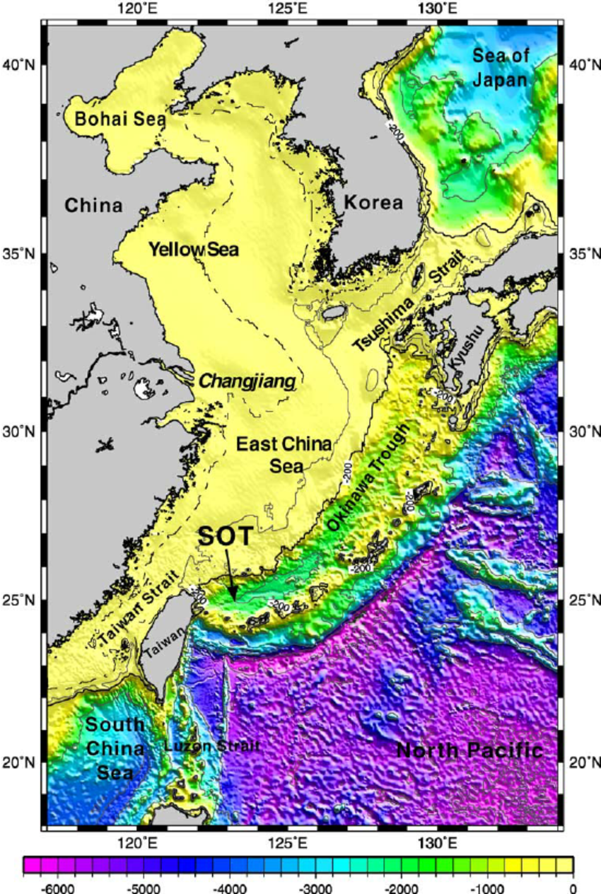 Bathymetry of the ECS and seas around Taiwan. SOT represents ...