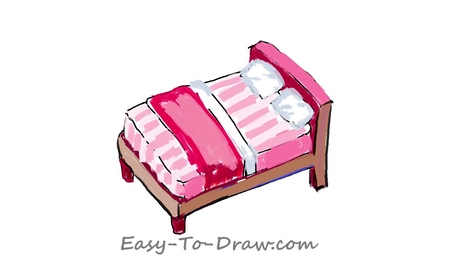 How to draw a cartoon double size pink bed with 2 pillows for kids ...