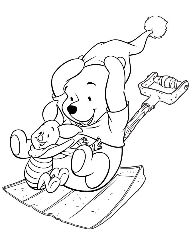 Pooh Bear And Piglet Sledding On Shovel Coloring Page