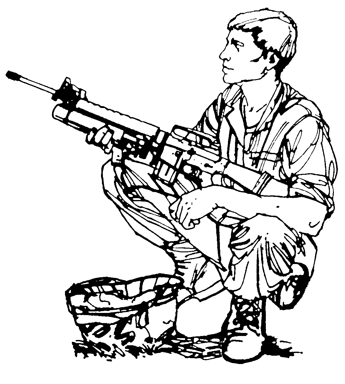 1-14a soldier with M16/M203 squatting by helmet