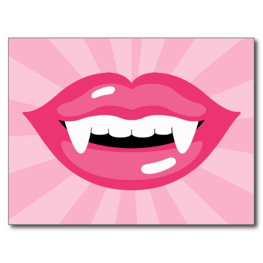 Smiling Pink Vampire Lips With Fangs Postcard from Zazzle.