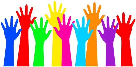 Free clip art of a group of colorful hands raised in the air ...
