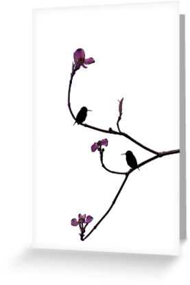 Hummingbird Art Purple Flowers Silhouette Three" Greeting Cards ...