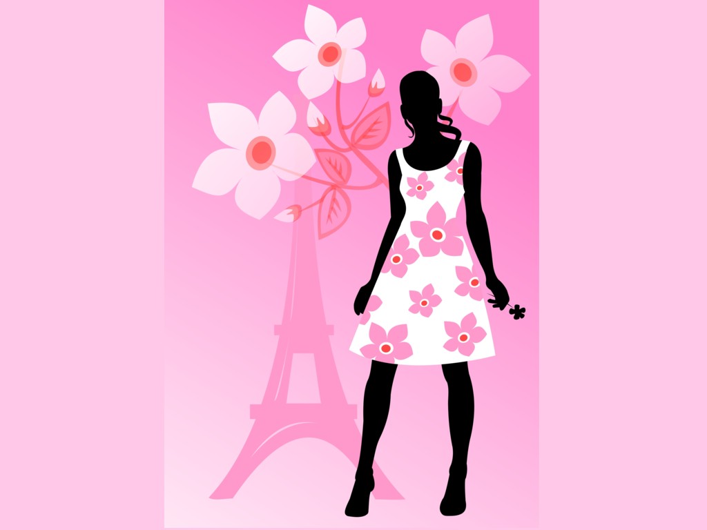girl on a pink background with Eiffel tower - Twitter Background
