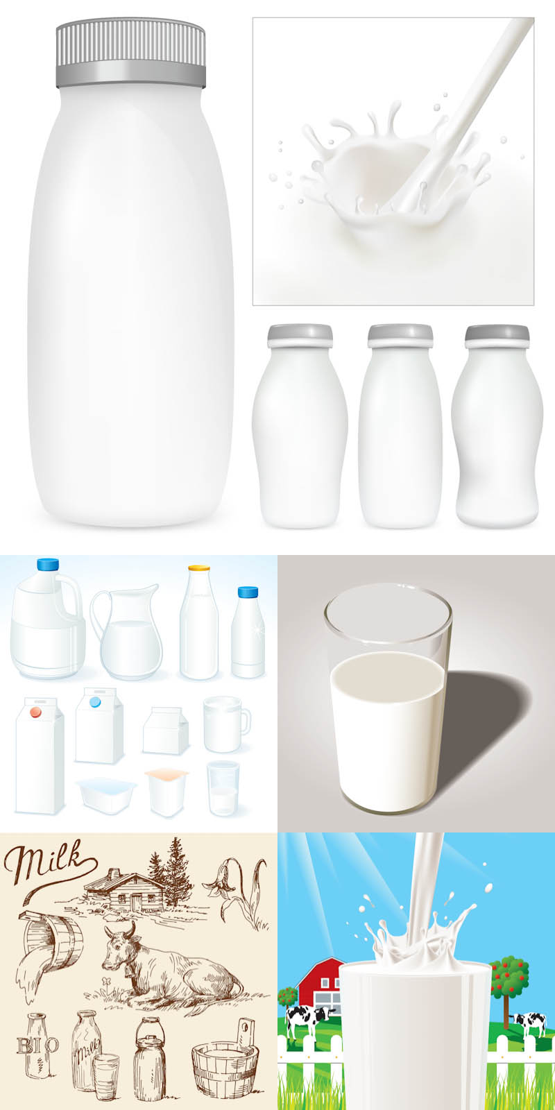 5 sets with vector milk clipart. Contains different bottles with milk, glass of milk and some vintage milk illustrations for your designs.