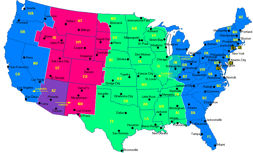 us time zone map cities