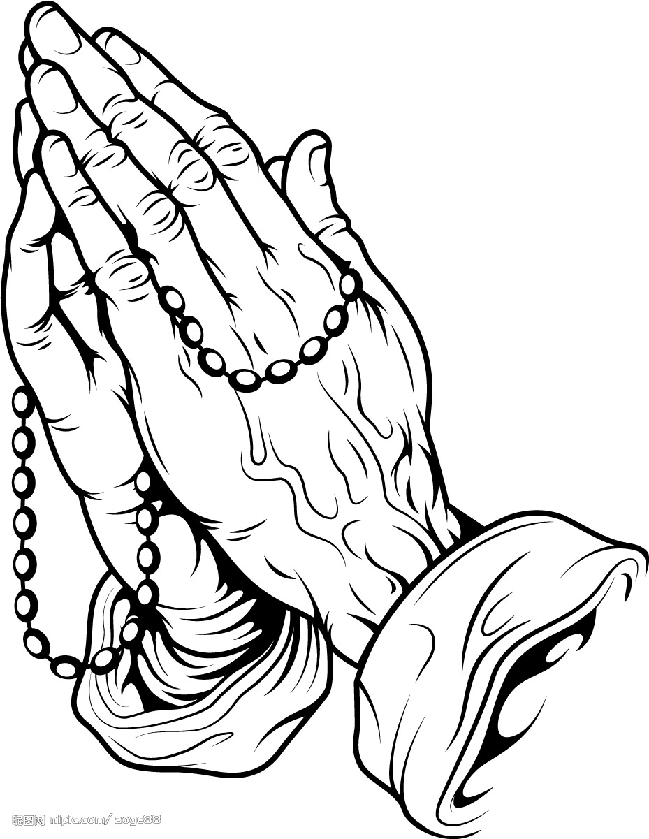 Praying hands with rosary outline.