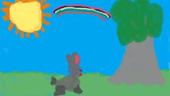 Child's drawing of a rabbit, a tree, and a rainbow.jpg ...