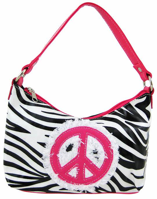 Zebra Print Peace Sign Handbag Hot Pink Trim