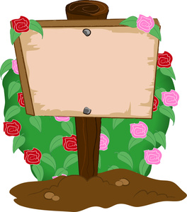 Sign Clipart Image - Rose Bush Behind a Wooden Garden Sign