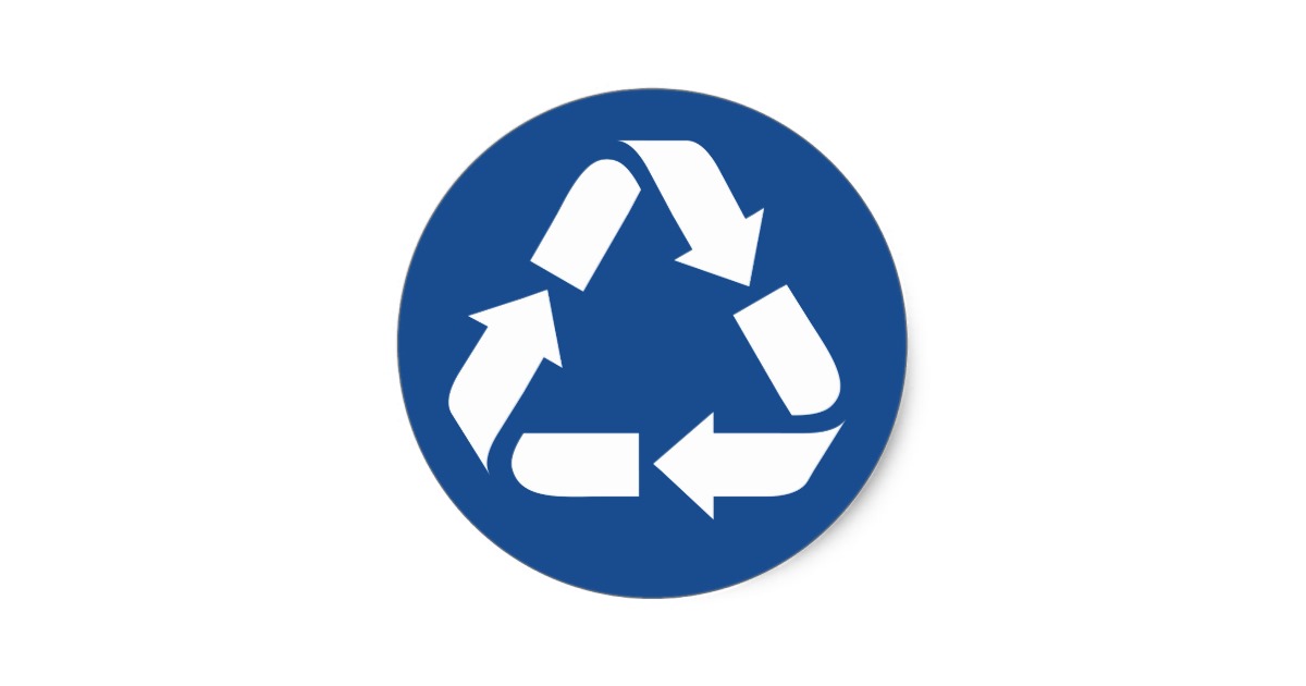 White recycle symbol on dark blue background classic round sticker ...
