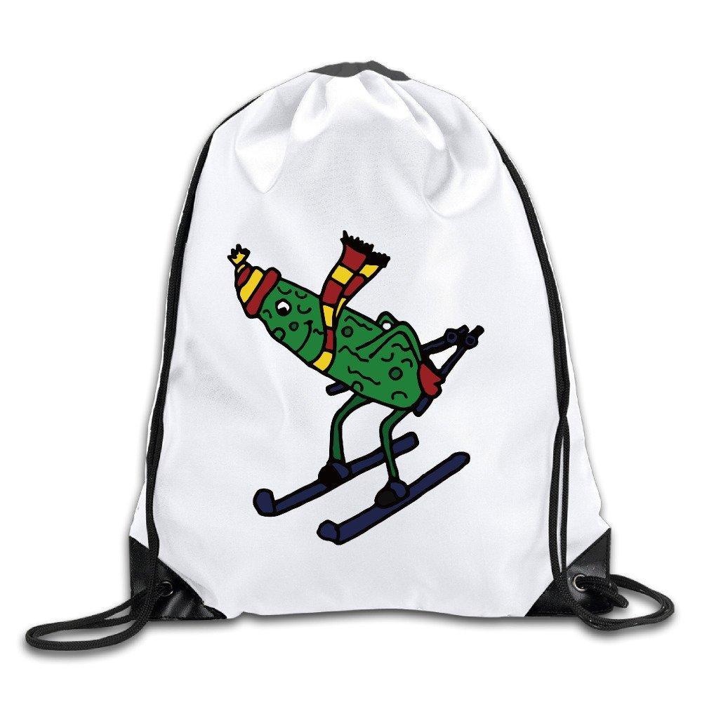 Funny Skiing Pickle Cartoon Drawstring Backpack White ClipArt