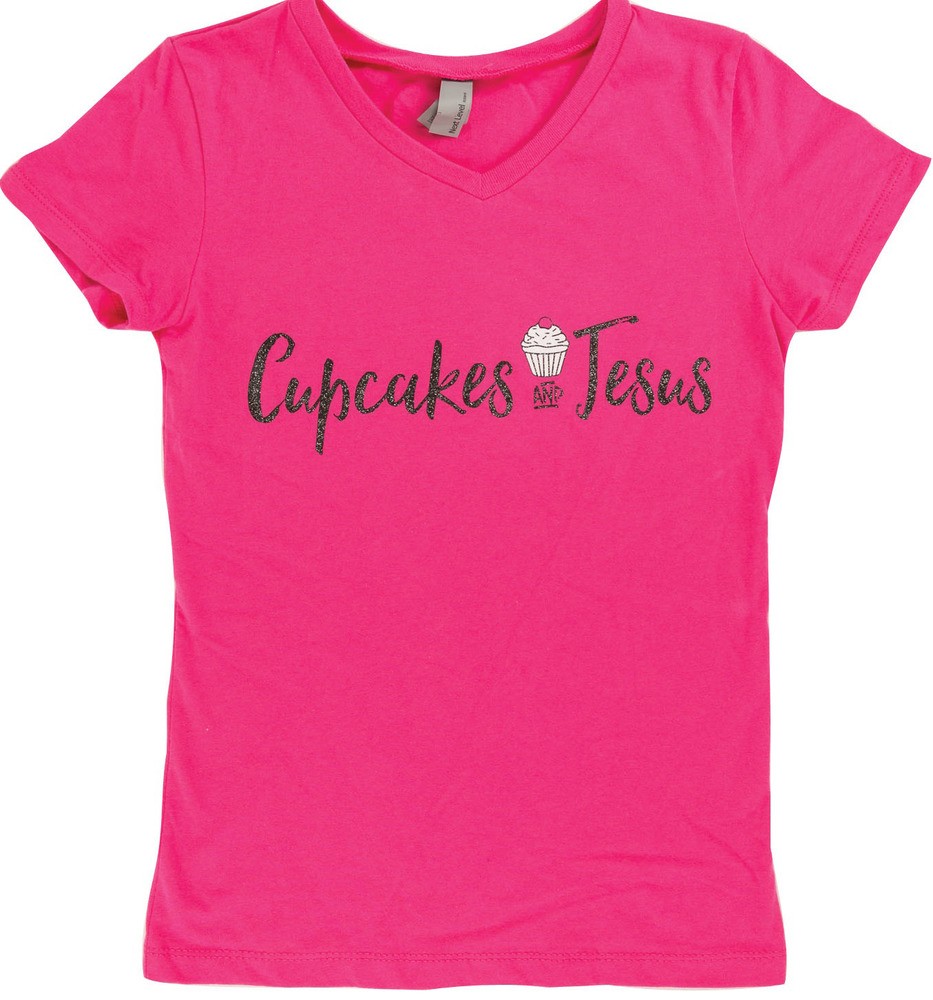 Cupcakes and Jesus Tween V-Neck Slim Fit T-Shirt - Bright Pink