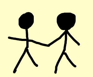 Stick figure couple holding hands.