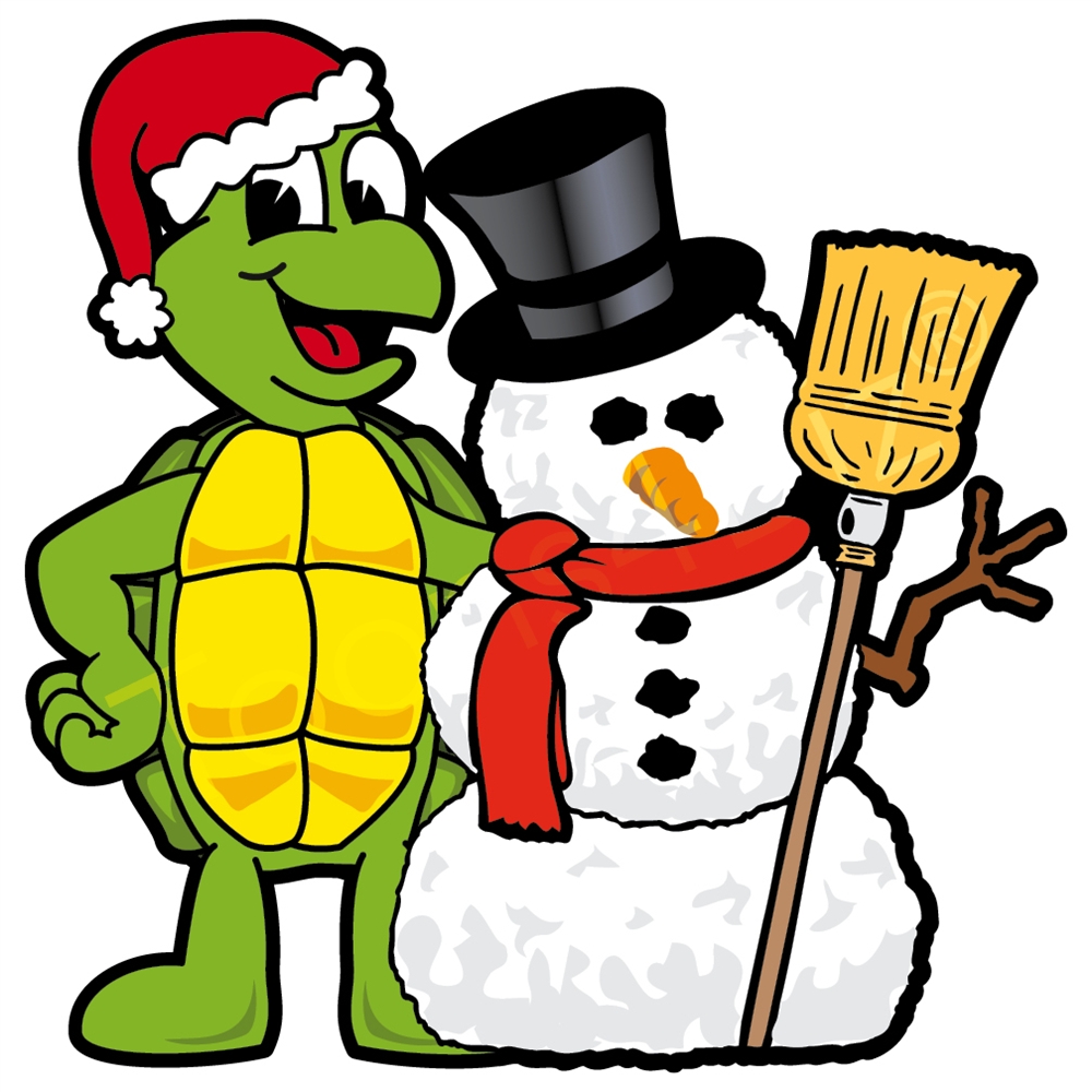 Turtle Mascot With Snowman And Santa Hat Clip Art. 