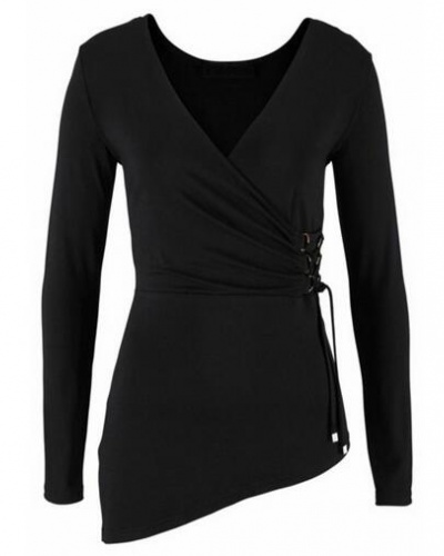Plain black asymmetrical t shirt for women lace up plunging ...