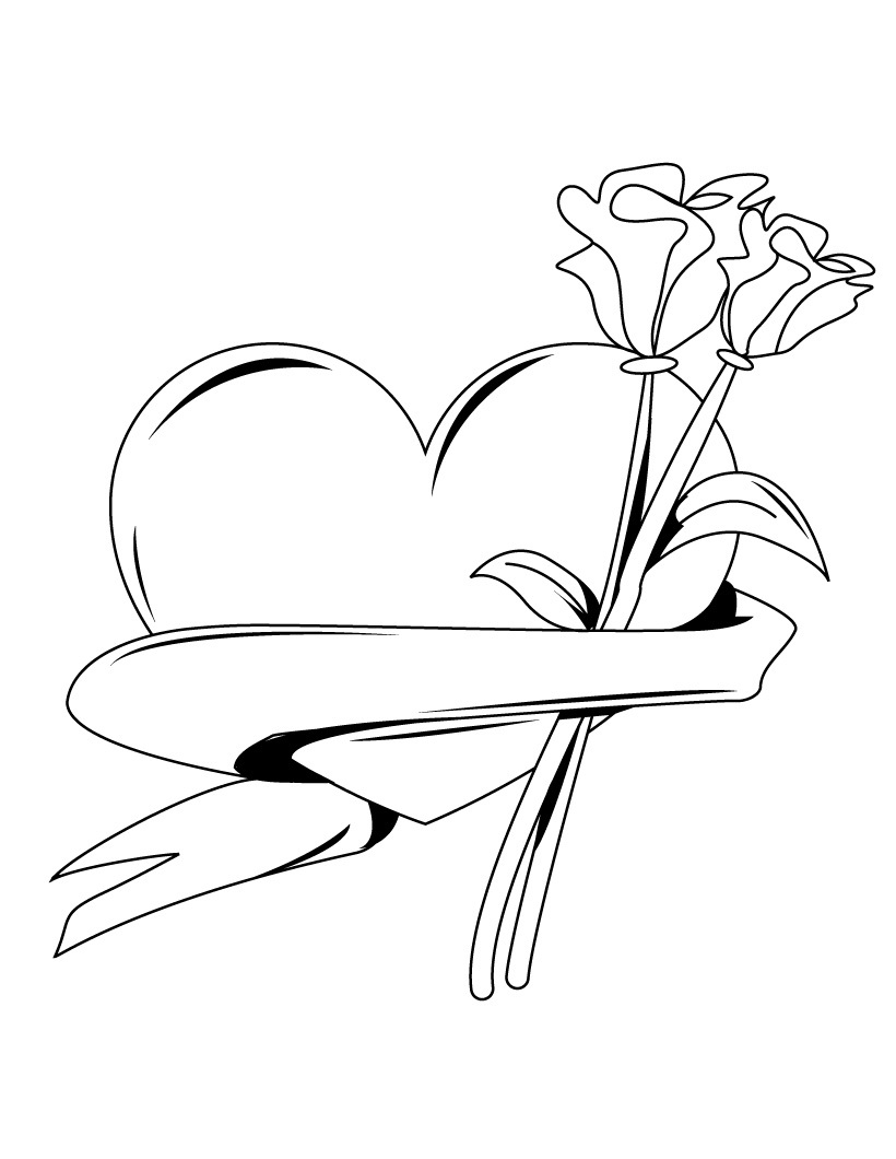 Coloring Pages of Hearts And Roses Tied With Ribbon on Valentine's ...