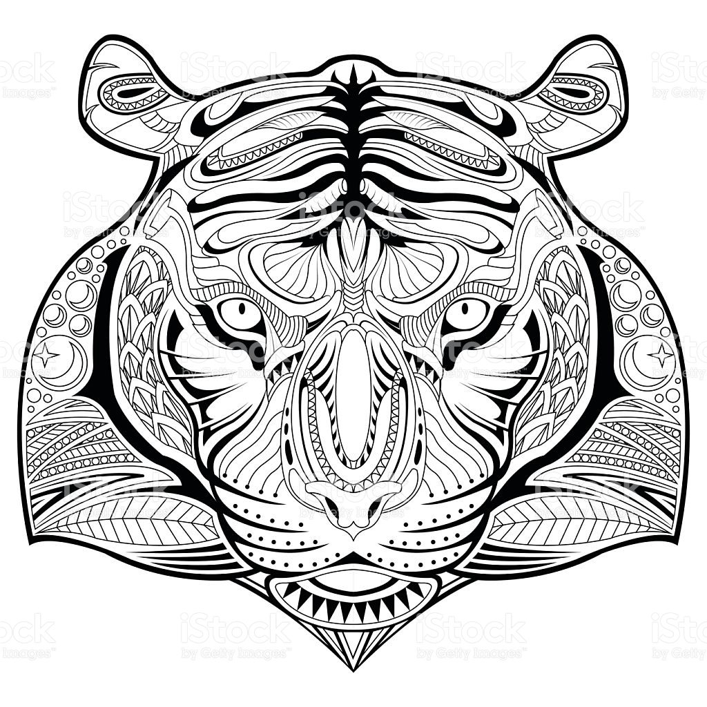Hand Drawn Tiger Face Illustration Coloring Page stock vector art ...