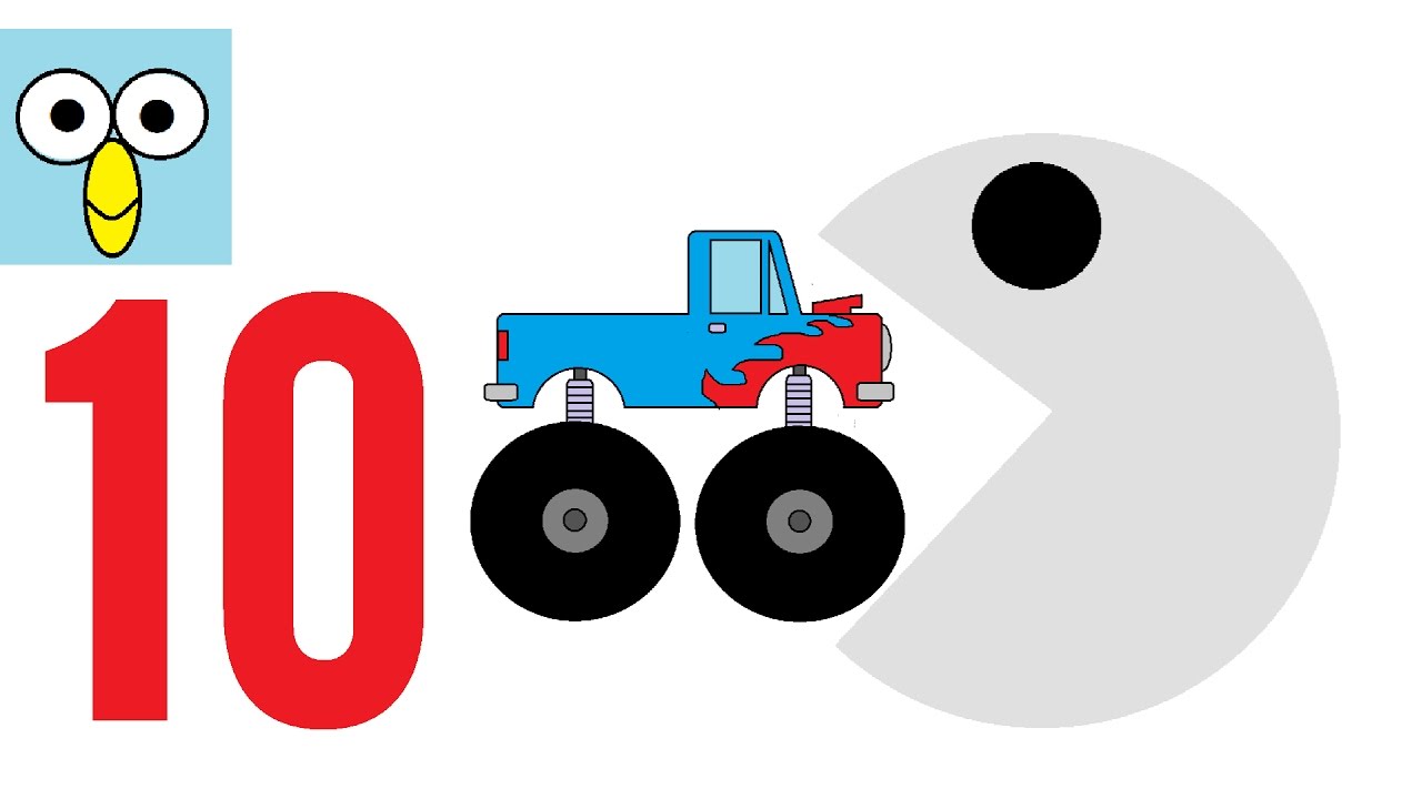 Learning Numbers 1 to 10 with Monster Trucks & Packman Cartoon ...