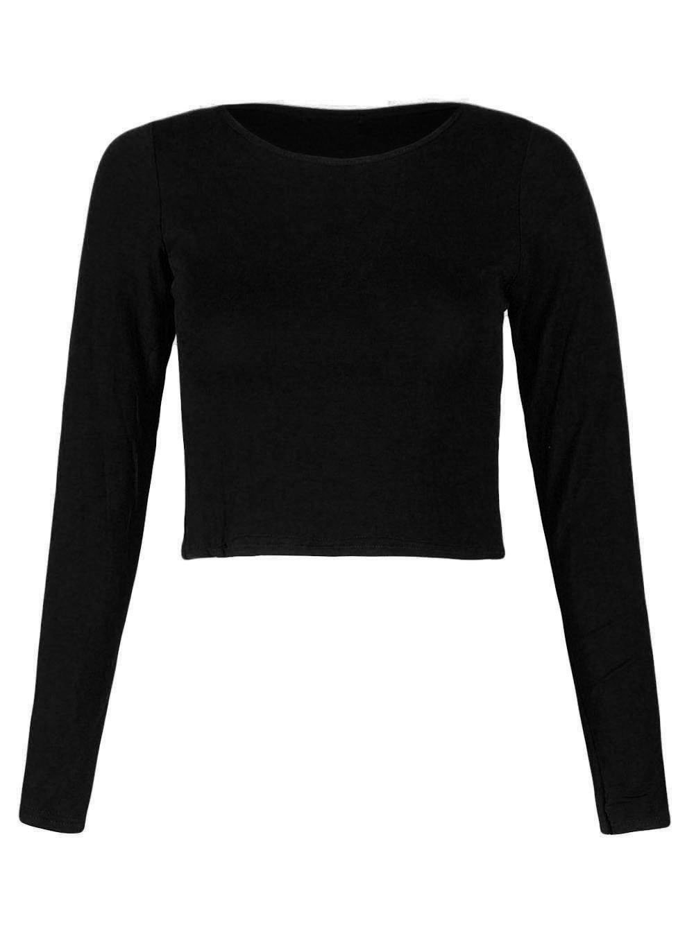 Black Long Sleeve Plain Crop Tshirt Top
