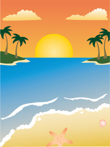 Beach Clipart Image - The sun rising over a tropical beach scene