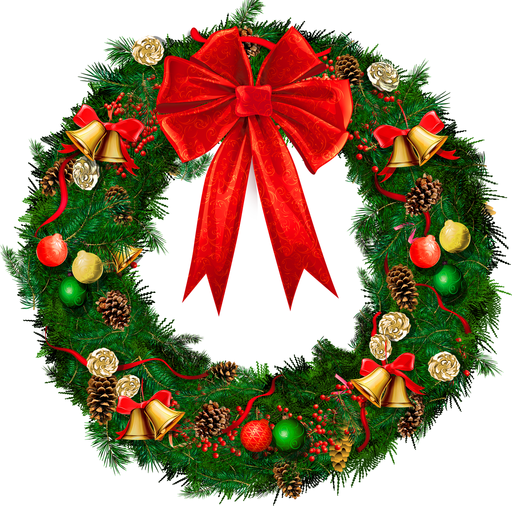 Transparent Christmas Wreath with Red Bow PNG Picture