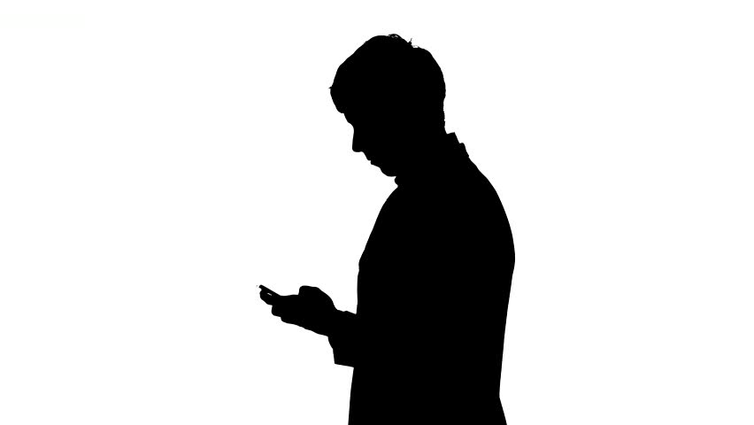 Black Silhouette Of Man Typing On Mobile Telephone, Isolated On ...