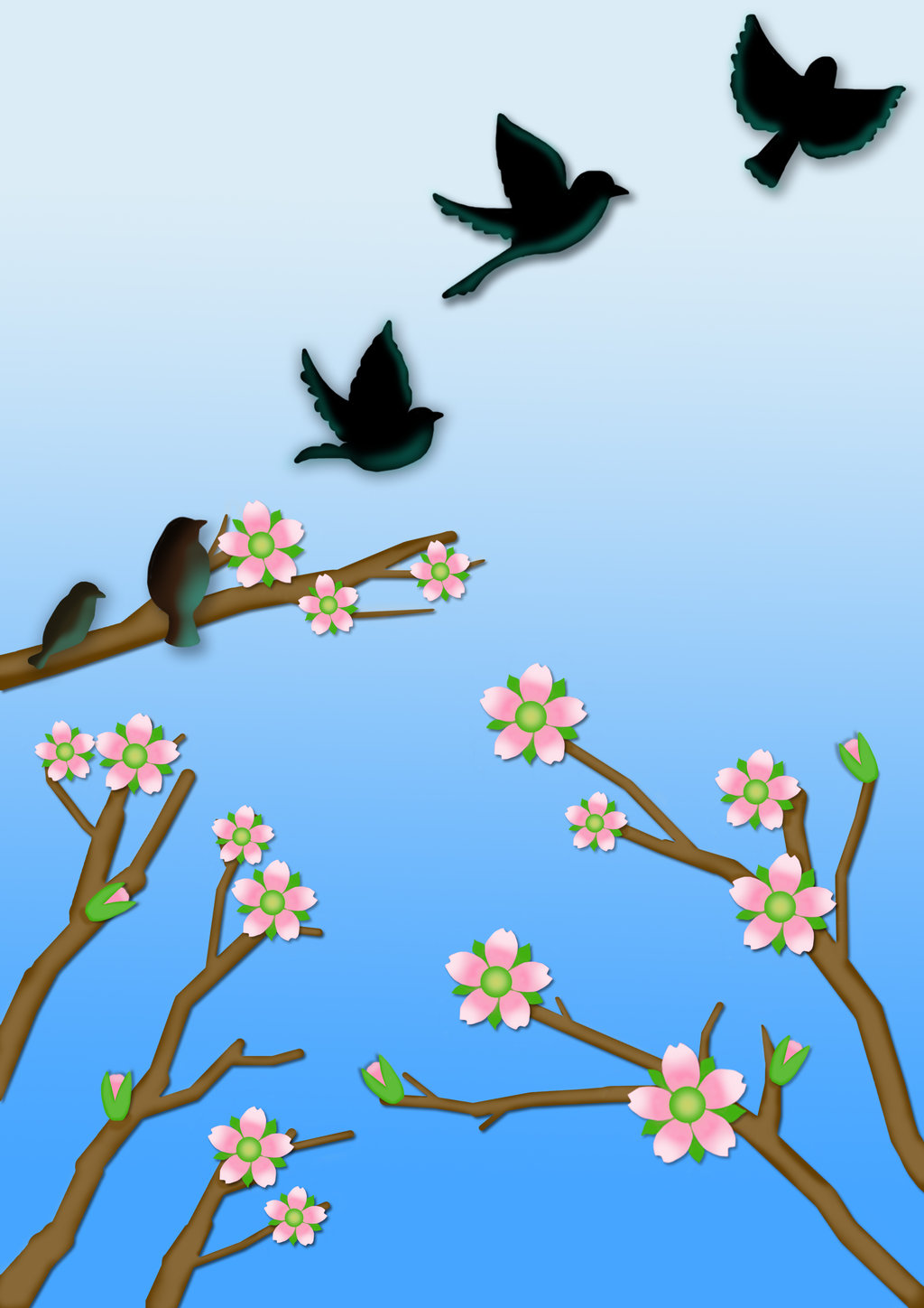 blossom birds silhouette flowers sky blue fly