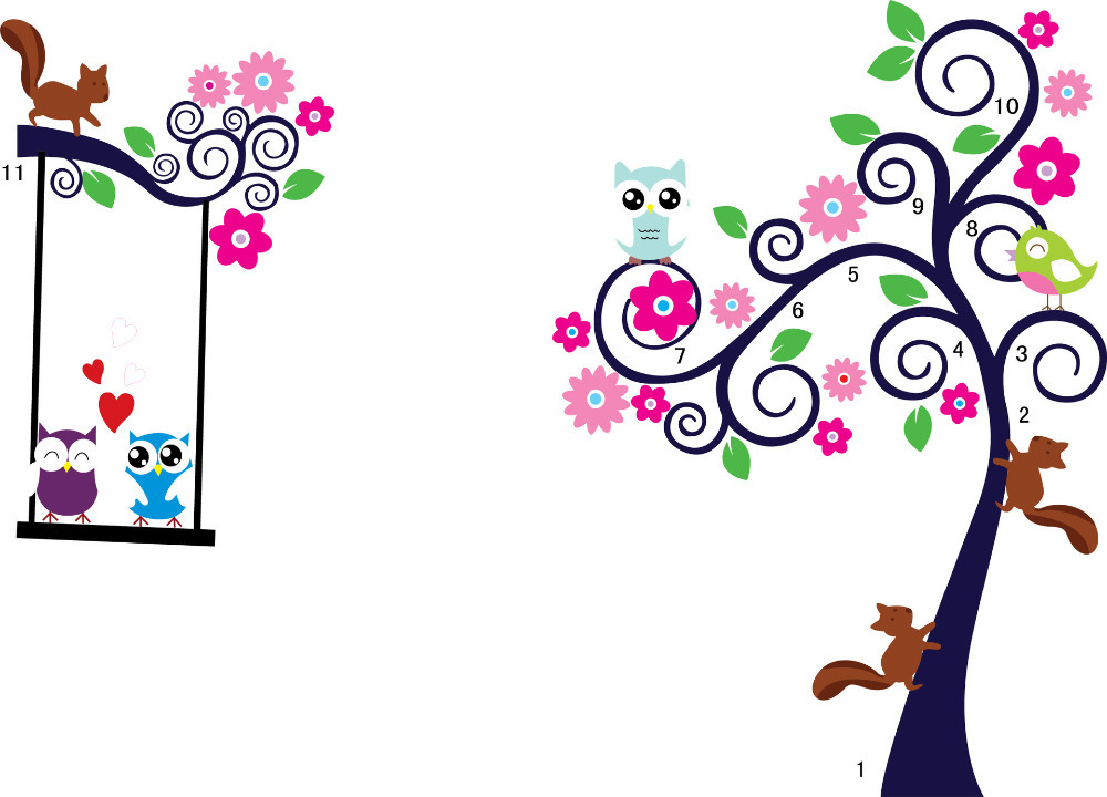 Cartoon Animal Owl Squirrel Bird Flower Tree Wall Stickers Decor ...
