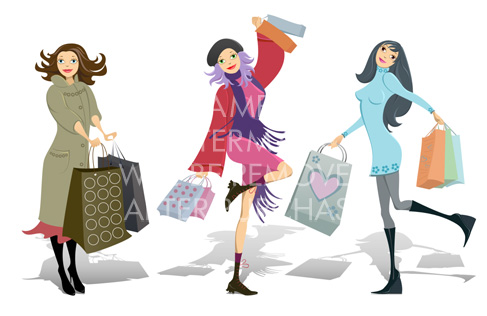 Illustration of three happy women with shopping bags #