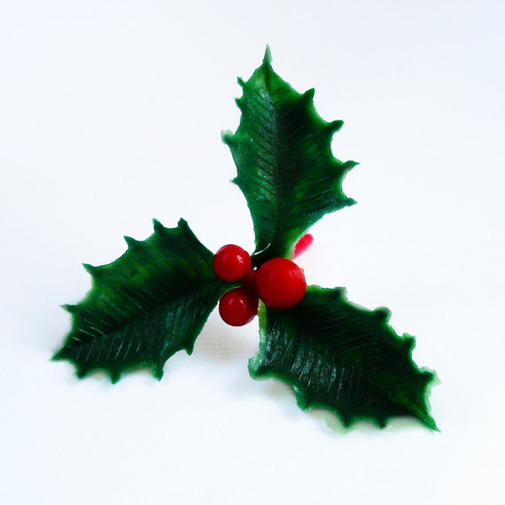 12 Holly Leaves and Berries Holiday Cupcake Toppers by SweetKaity