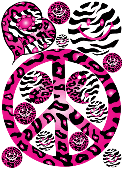 Hot Pink 60's Peace Sign Cheetah and Zebra Print Wall Stickers Decals