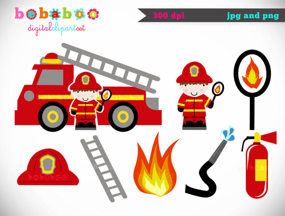 Firefighter and Firetruck Clipart Digital Clip Art by bebaboo