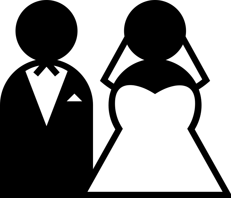 A very simple black and white sign, or icon, showing a minimal image of a bride and groom.