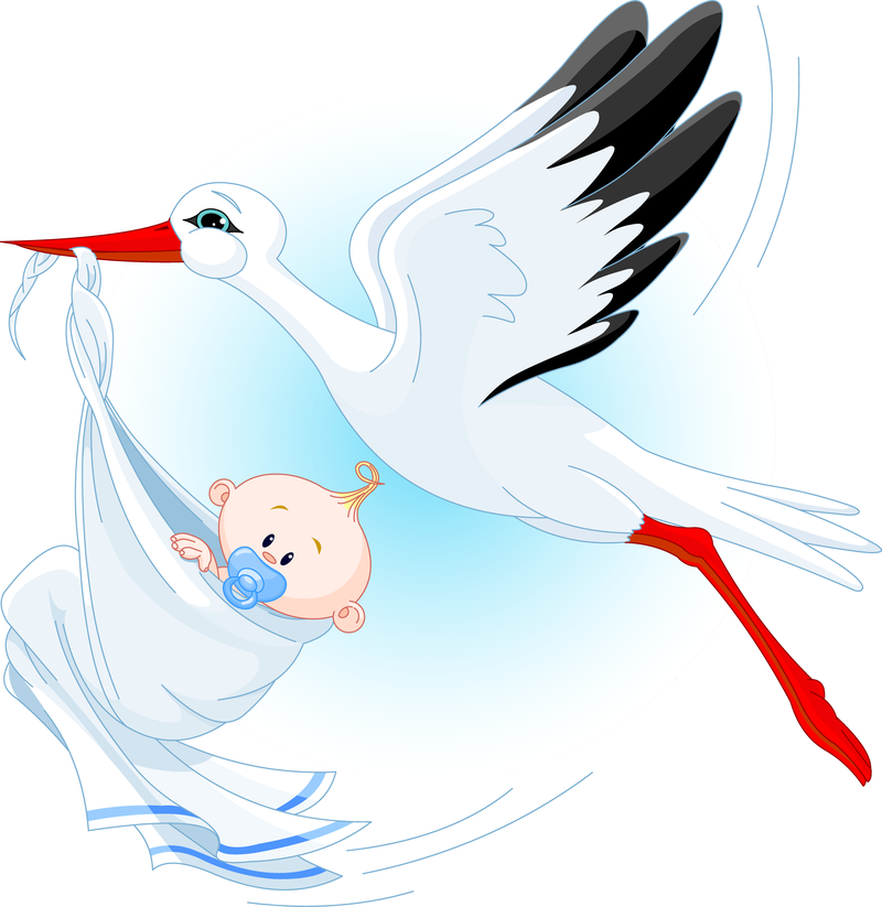 Cartoon Stork carrying baby at sky - Vector download