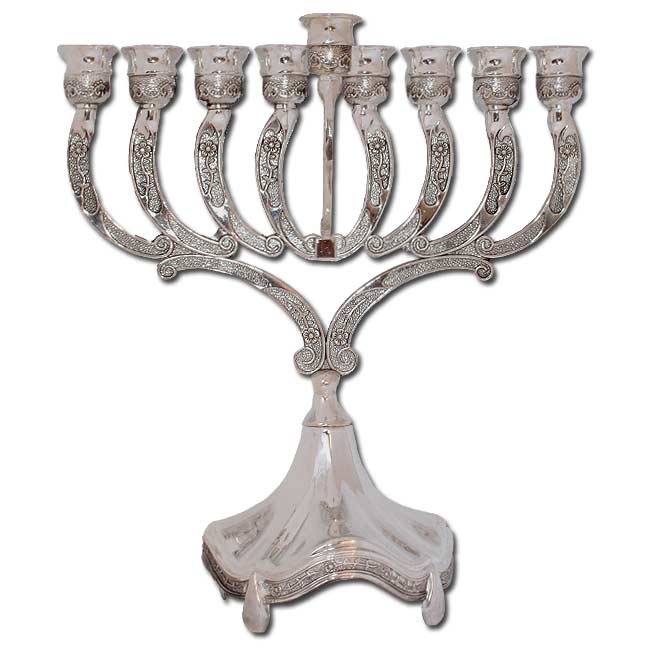 Hanukkah Menorah. Silver plated with flowers design.