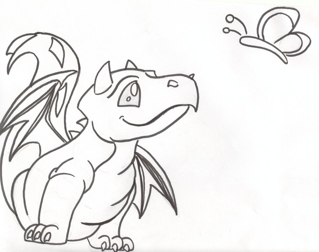 Baby dragon and butterfly (lineart)
