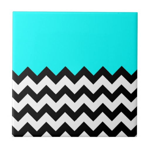 Aquamarine-Blue-On-Black-&-White-Zigzag-Pattern Ceramic Tile from ...