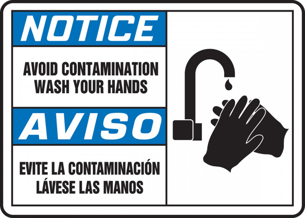 Avoid Contamination Wash Hands Bilingual ANSI Notice Safety Sign
