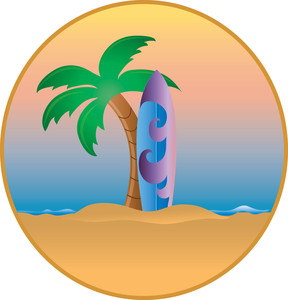 Tropical Clipart Image - Surfboard and Palm Tree on an Island Paradise