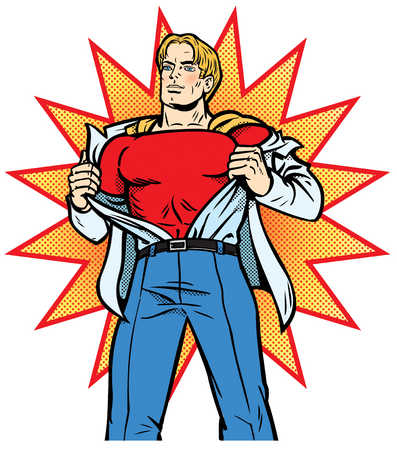 Stock Illustration - Male superhero pulling off shirt