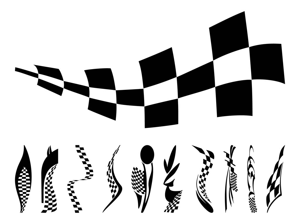 Speed and driving vector graphics of racing flags. Waving pieces of fabric, checkered pattern with.