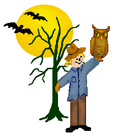 Halloween clip art of night scenes with scarecrows with trees and ...