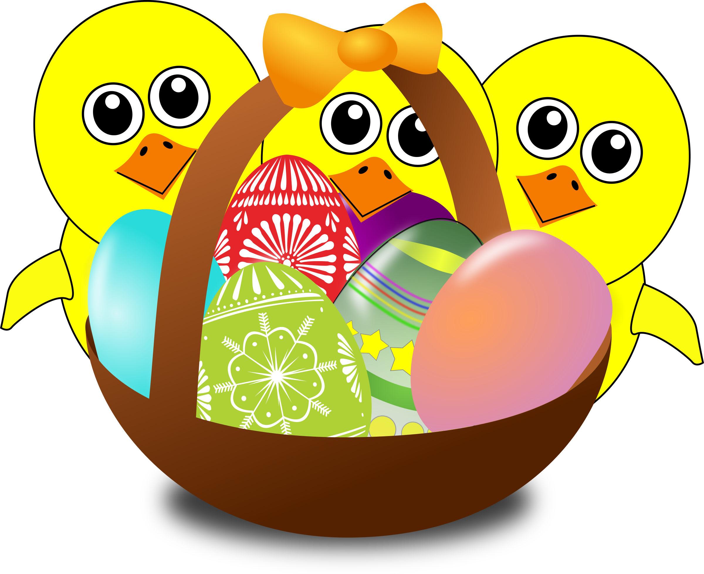 Clipart - Funny Chicks Cartoon with Easter eggs in a basket